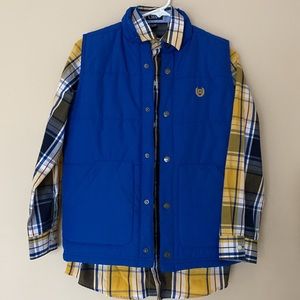 Chaps plaid long sleeve button up with blue puff vest